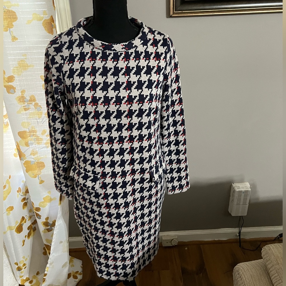 Boden long sleeve navy off-white houndstooth knit dress long sleeve size 6